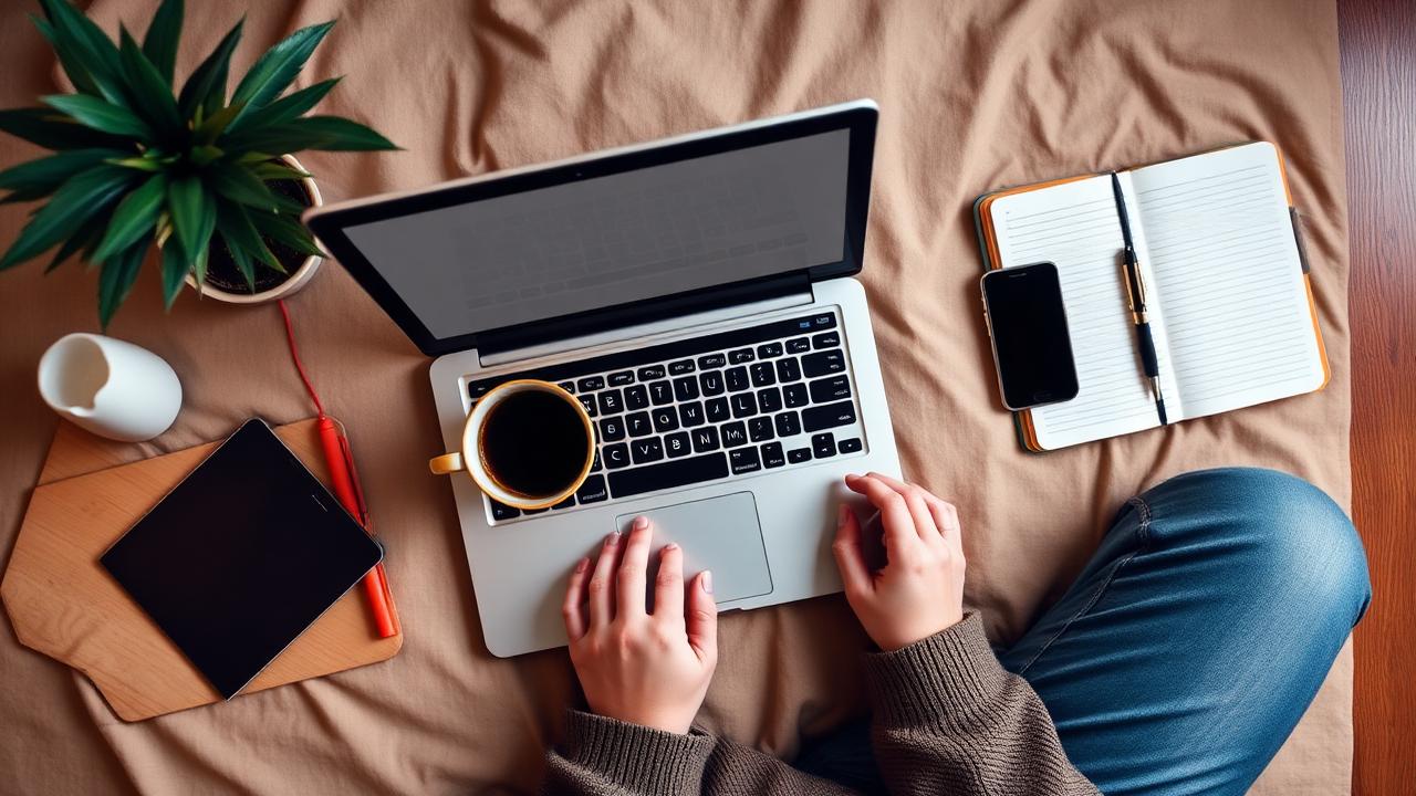Pessoa trabalhando em casa com notebook e caderno